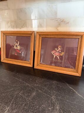 Pair of Vintage Framed plum dutch boy and girl Cross-Stitch in Oak Frames